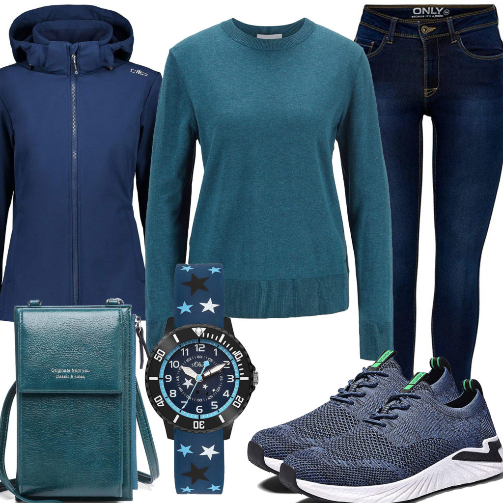 Türkis-Blaues Damenoutfit mit Jacke, Jeans und Uhr