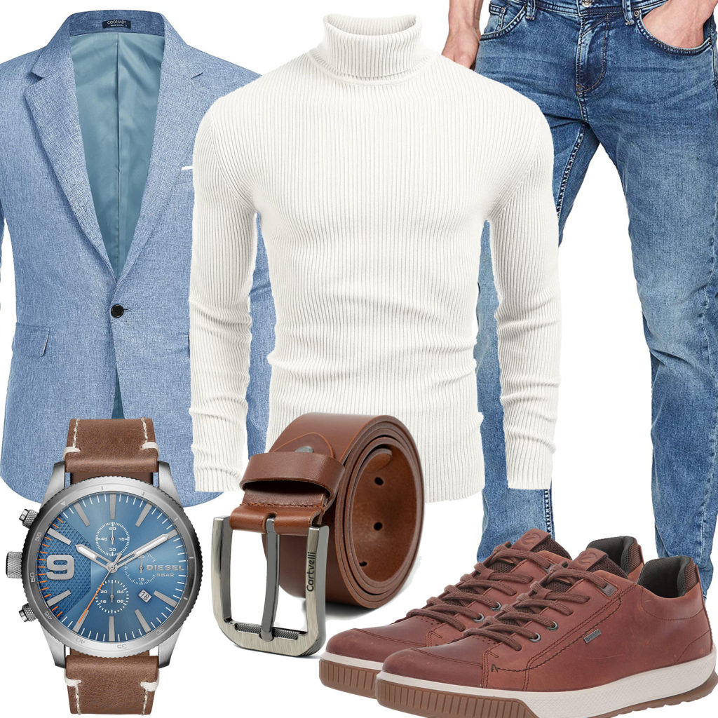 Herren-Style mit weißem Pullover, Sakko und Jeans