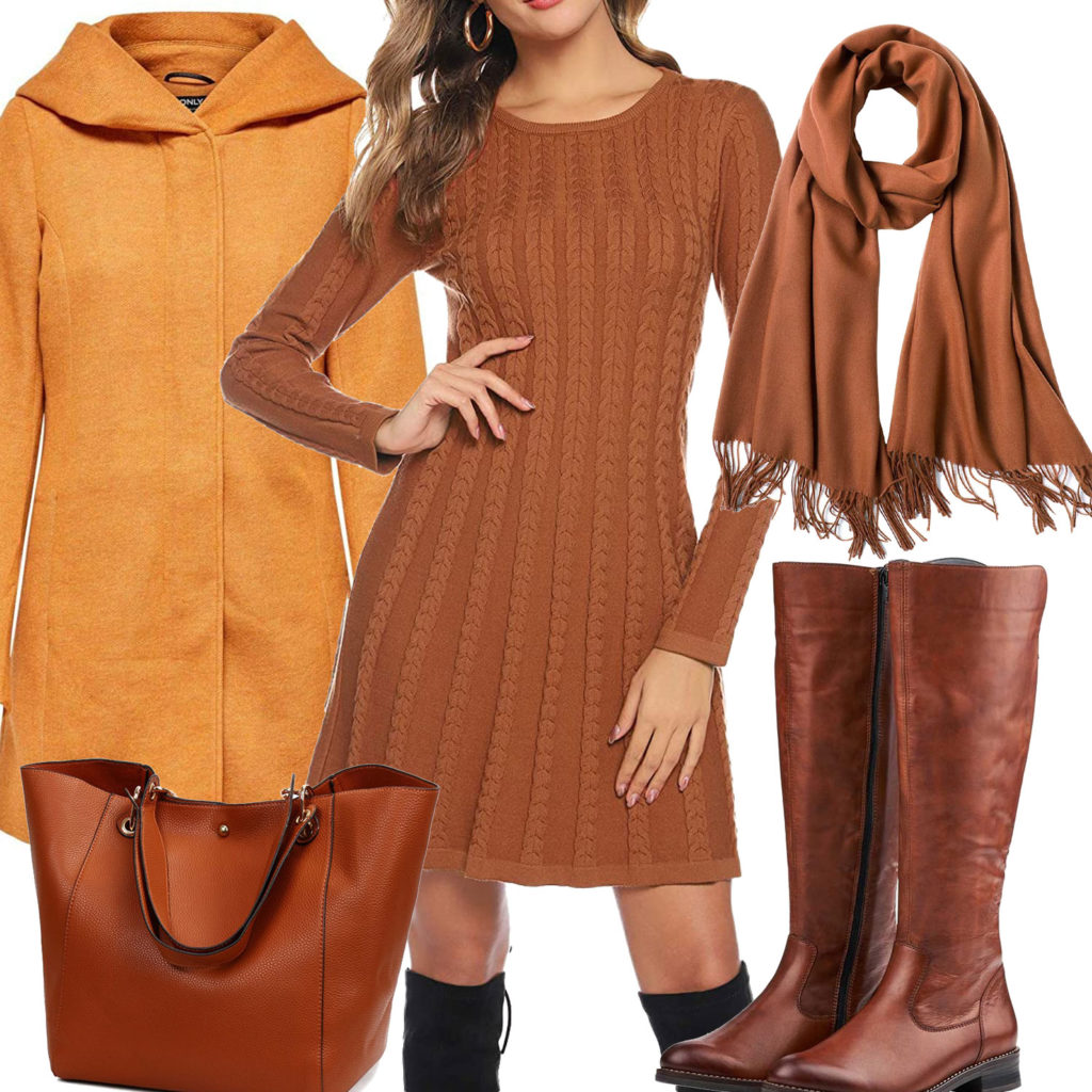 Braunes Herbst-Damenoutfit mit Strickkleid, Stiefeln und Schal