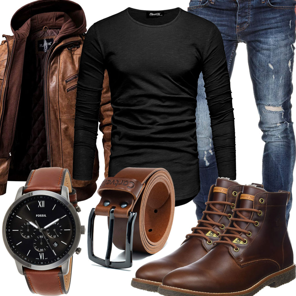 Herren-Style mit brauner Lederjacke, Stiefeln und Gürtel