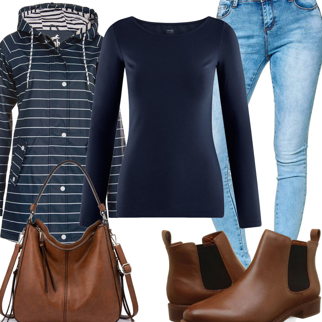 Blau-Braunes Damenoutfit mit Regenjacke und Jeans