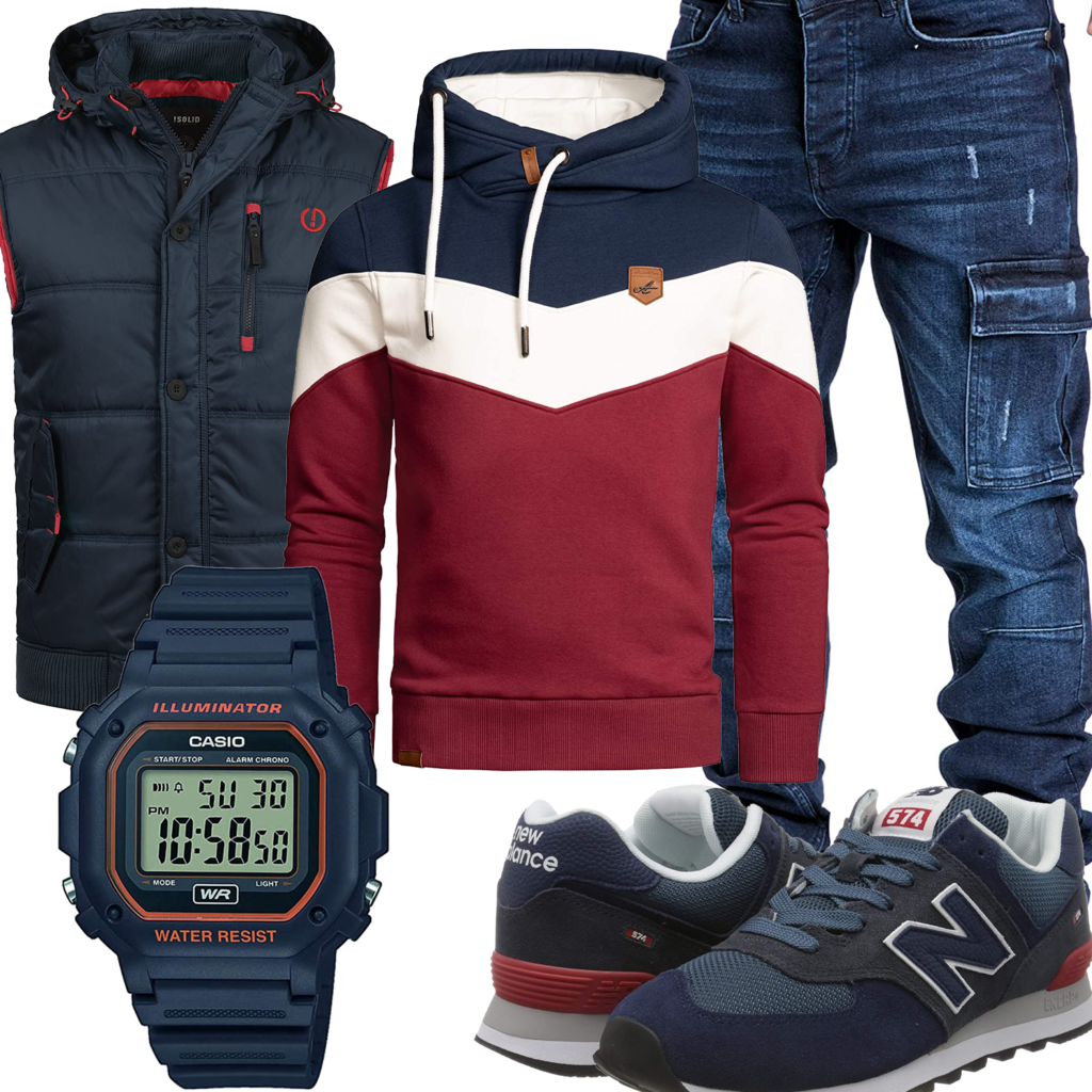 Blau-Roter Style mit Hoodie, Weste und Cargo-Jeans