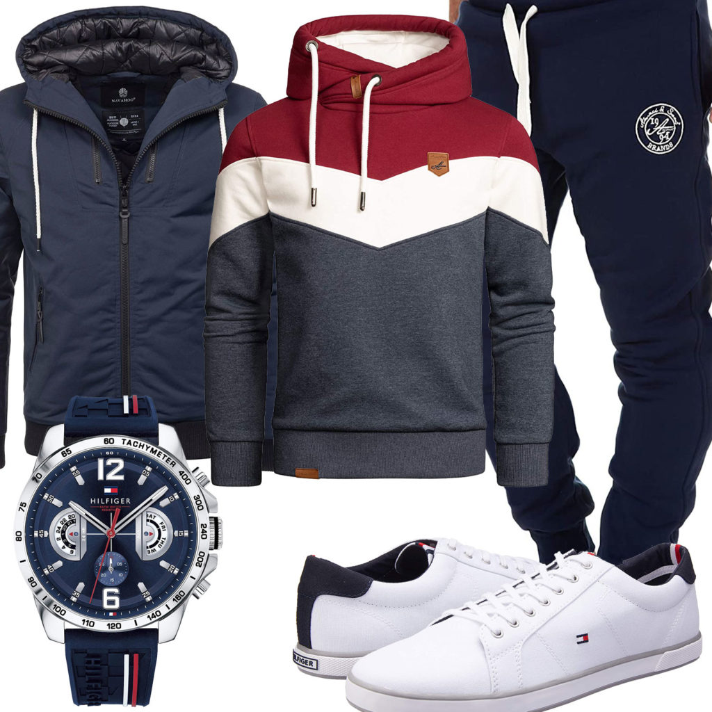 Blau-Weißer Style mit Hoodie, Jogginghose und Sneakern