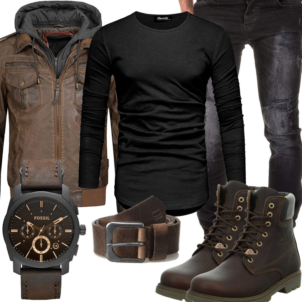 Schwarz-Braunes Herrenoutfit mit Lederjacke und Stiefeln