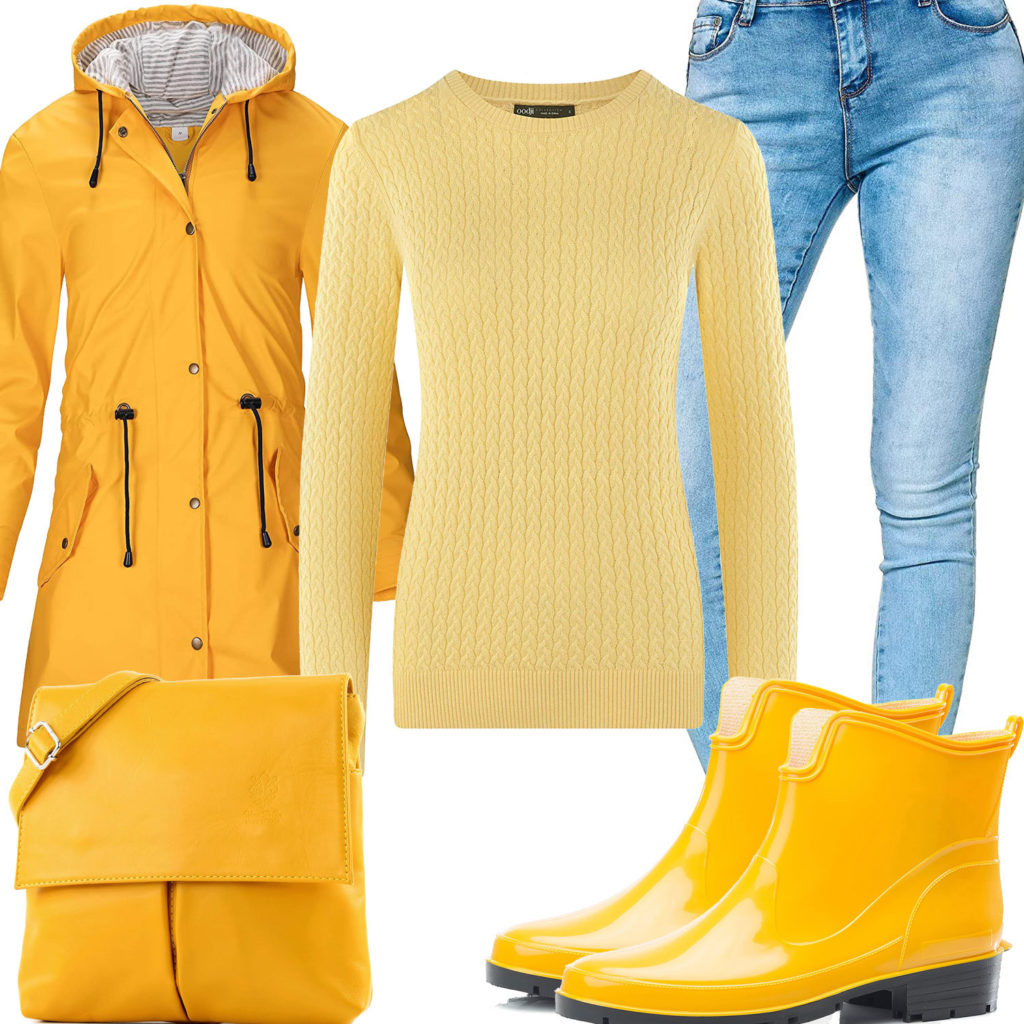 Gelbes Damenoutfit mit Regenjacke, Stiefeln und Pullover