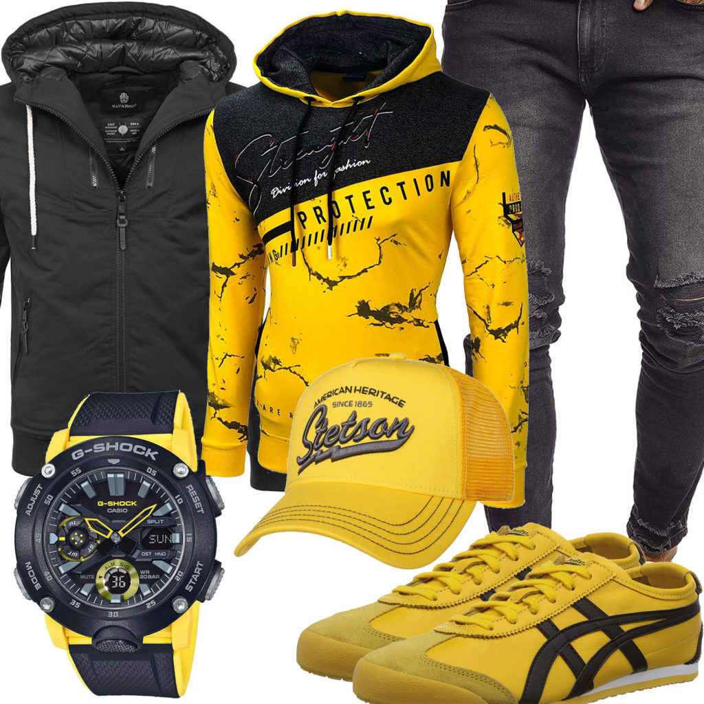 Gelb-Schwarzes Herrenoutfit mit Hoodie, Jacke und Jeans