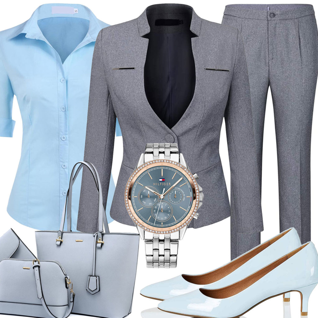 Grau-Blaues Damenoutfit mit Anzug und Bluse