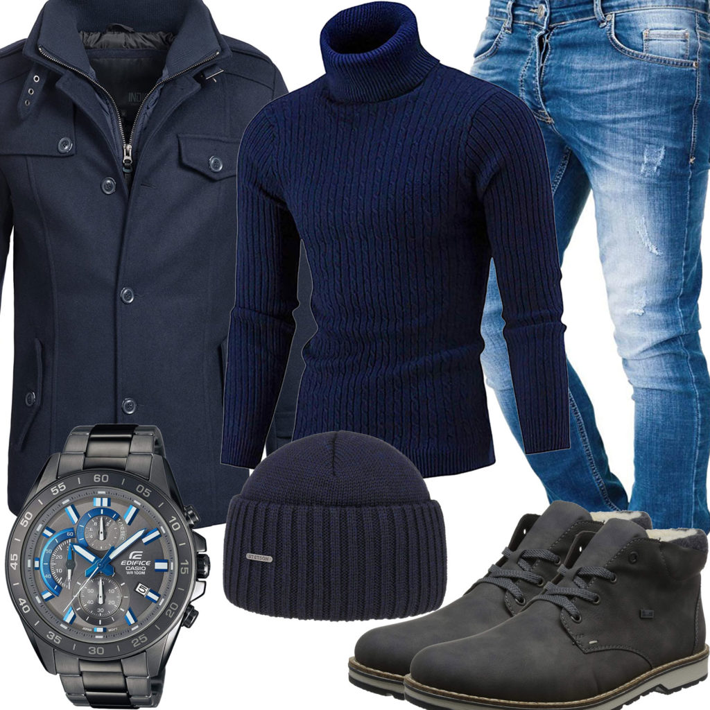 Grau-Blaues Herrenoutfit mit Parka und Pullover