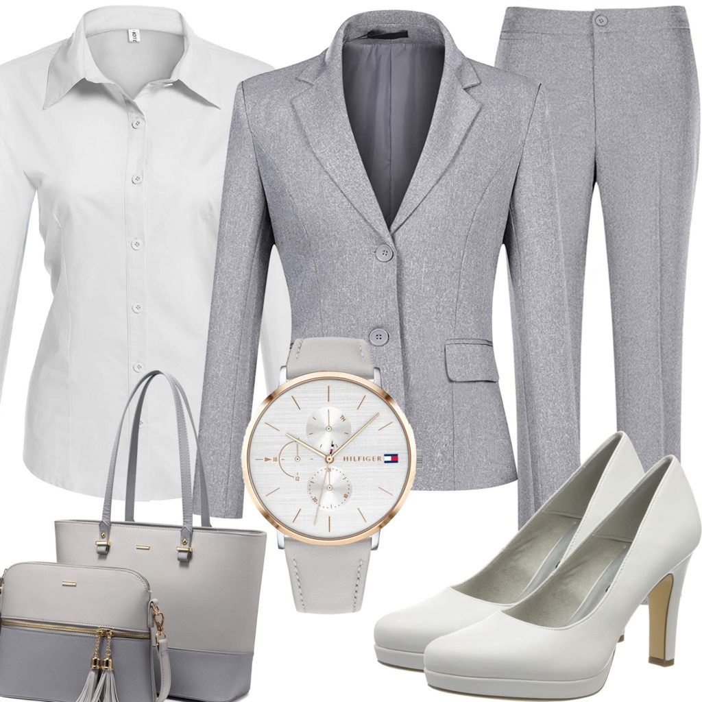Business-Frauenoutfit mit grauem Anzug und Uhr