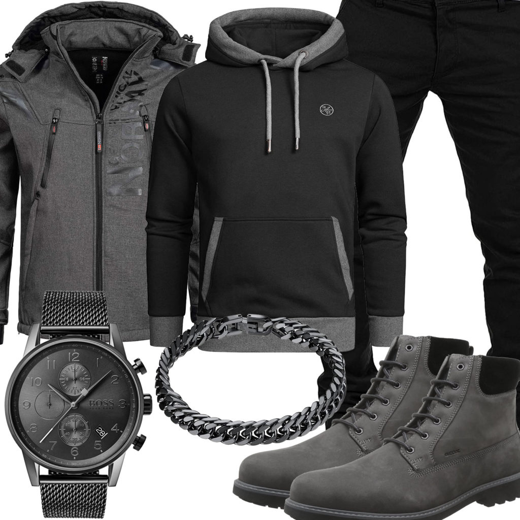 Grau-Schwarzes Herrenoutfit mit Hoodie, Jacke und Stiefeln