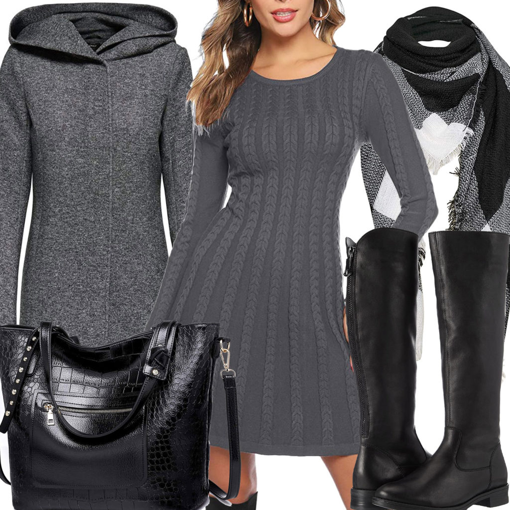 Grau-Schwarzes Damenoutfit mit Kleid, Stiefeln und Schal