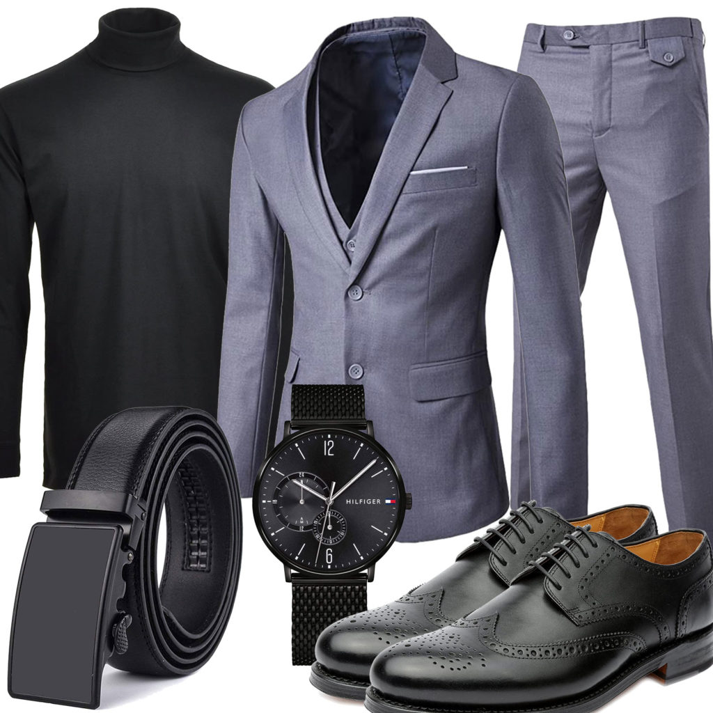 Grau-Schwarzes Herrenoutfit mit Anzug und Pullover