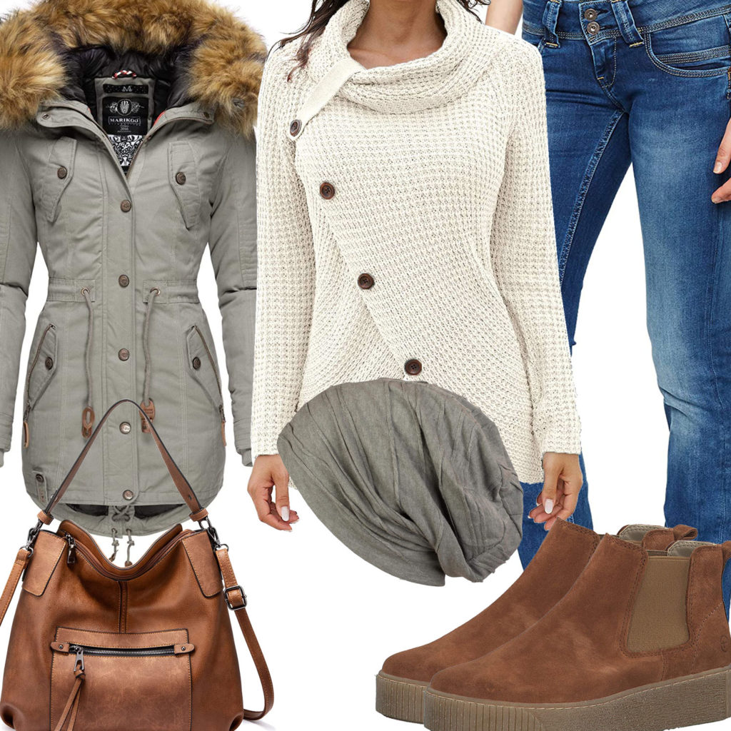 Damen-Winteroutfit mit Strickpullover und gefütterter Jacke