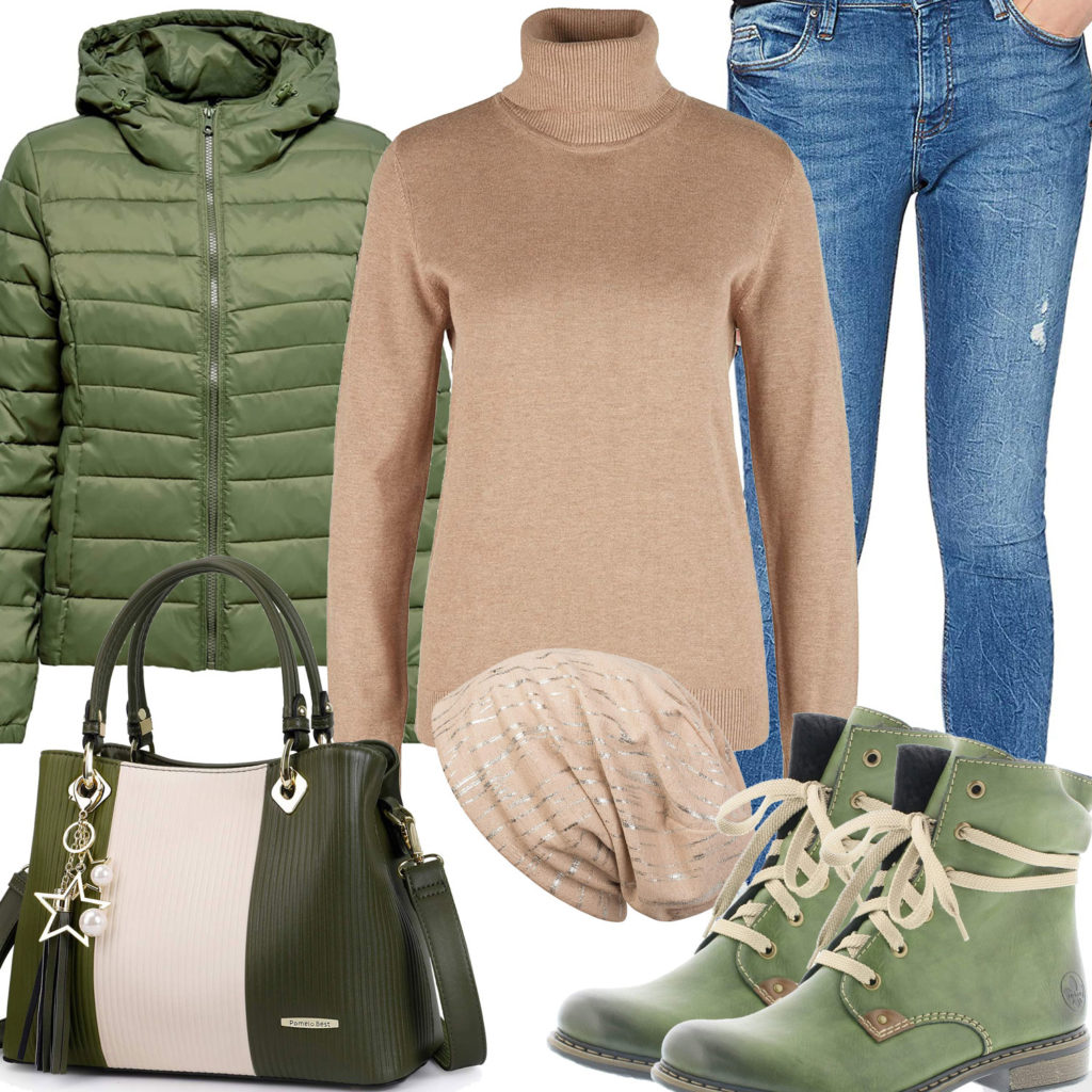 Beige-Grünes Damenoutfit mit Pullover und Stiefeln