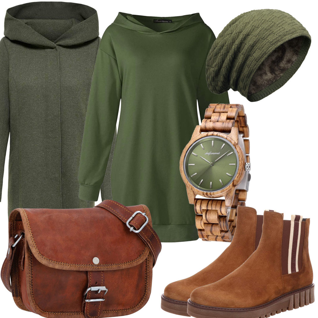 Grün-Braunes Damenoutfit mit Mantel, Mütze und Uhr
