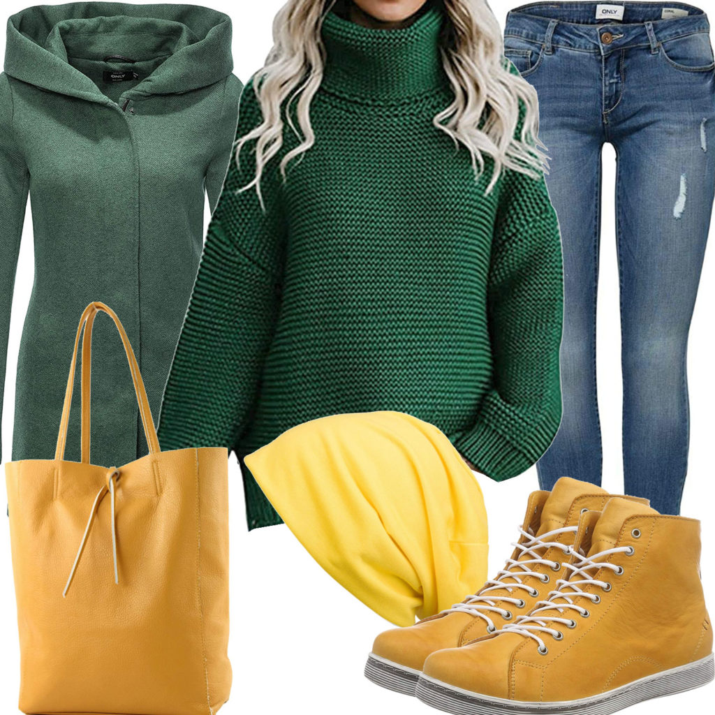 Gelb-Grünes Damenoutfit mit Pullover, Mantel und Mütze