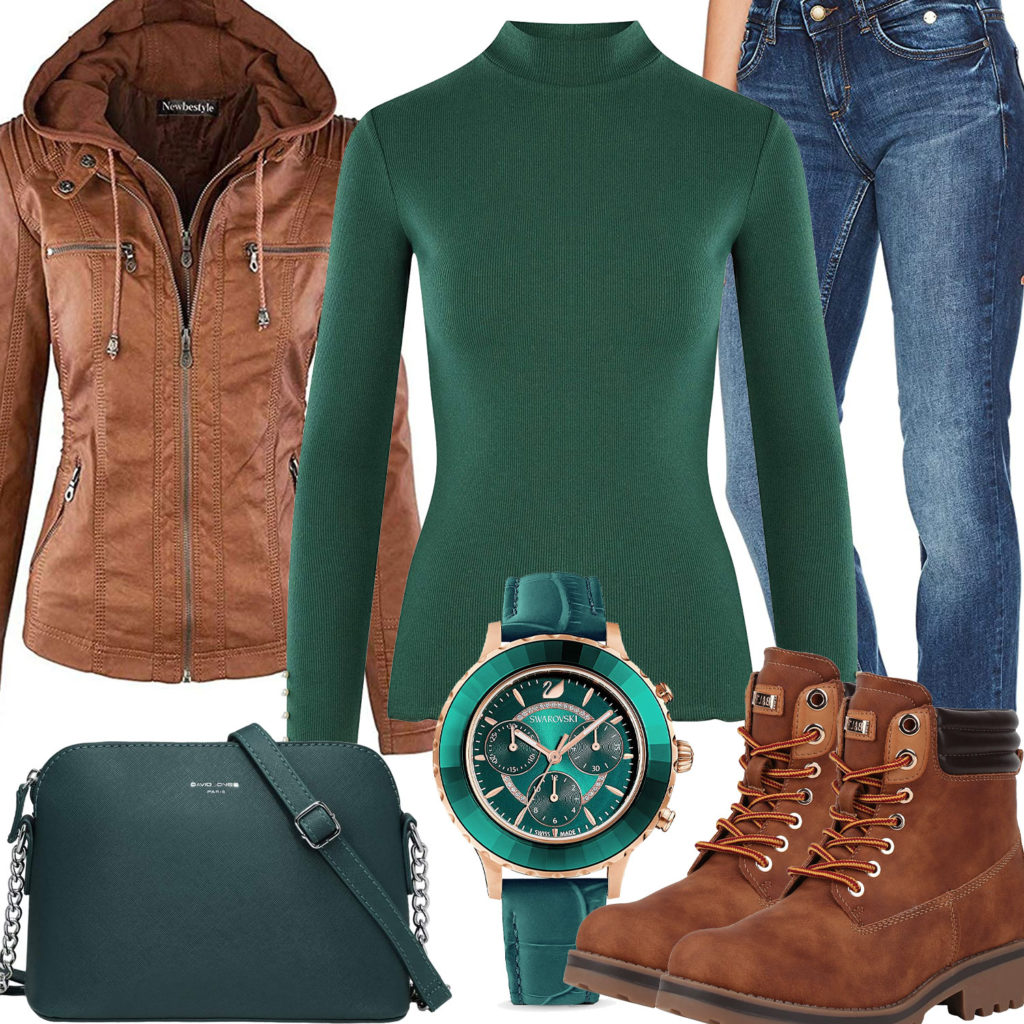 Damenoutfit mit grünem Pullover, Uhr und Tasche
