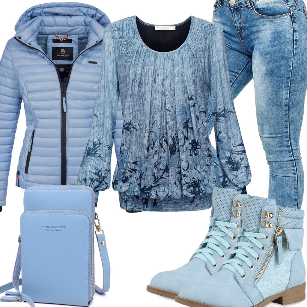 Hellblaues Damenoutfit mit Bluse, Steppjacke und Jeans