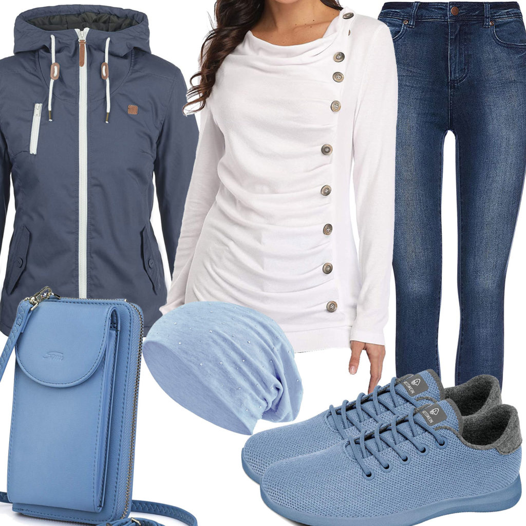 Hellblaues Damenoutfit mit Mütze, Sneaker und Tasche