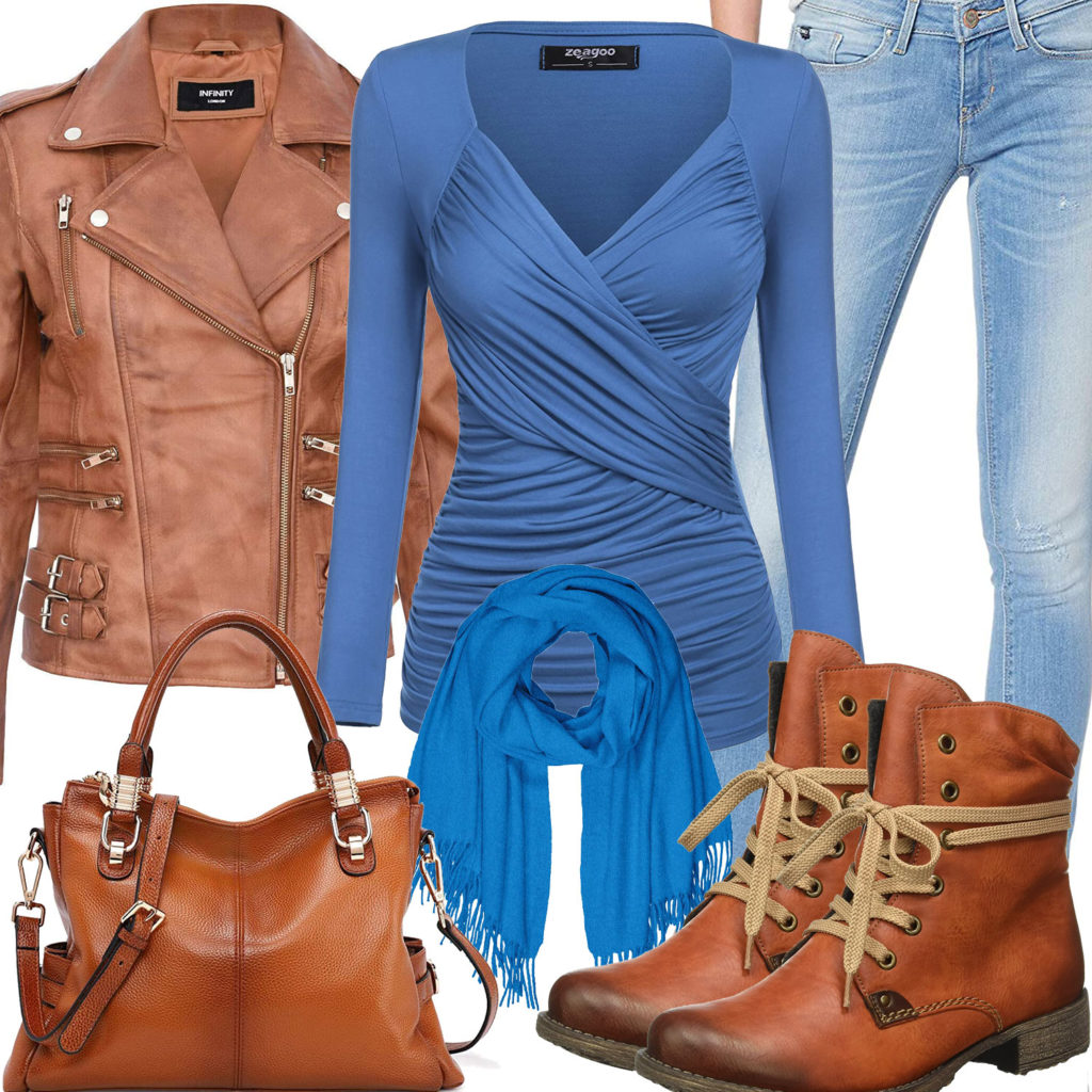 Braun-Blaues Frauenoutfit mit Lederjacke, Tasche und Stiefeln