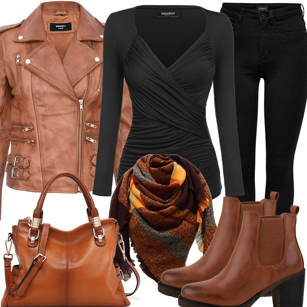 Schwarz-Braunes Damenoutfit mit Lederjacke und Stiefeln