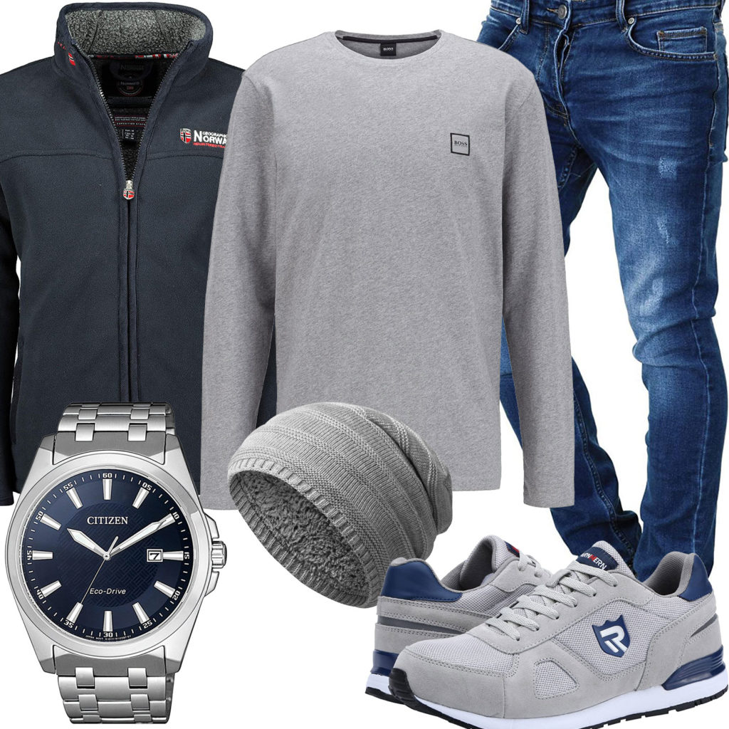 Hellgrau-Blaues Herrenoutfit mit Jacke und Sneakern