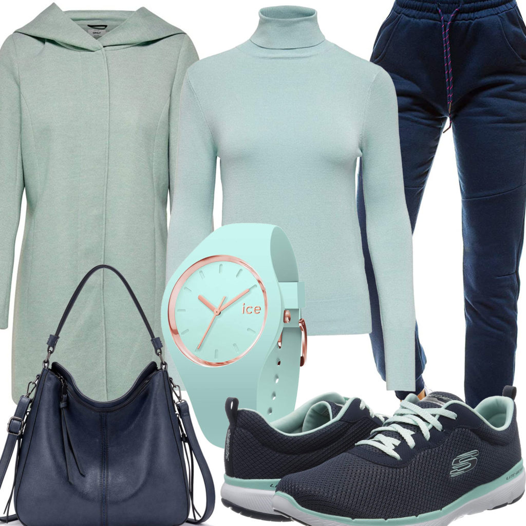Türkis-Blaues Damenoutfit mit Pullover und Sneakern