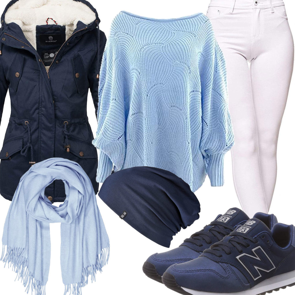 Blaues Damenoutfit mit Strickpullover und Sneakern