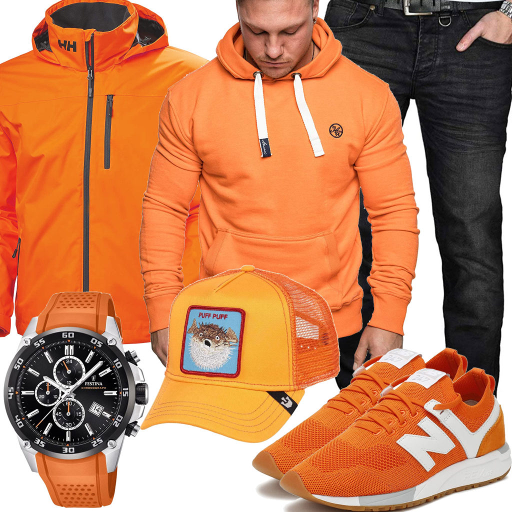 Oranges Herrenoutfit mit Jacke, Uhr und Cap