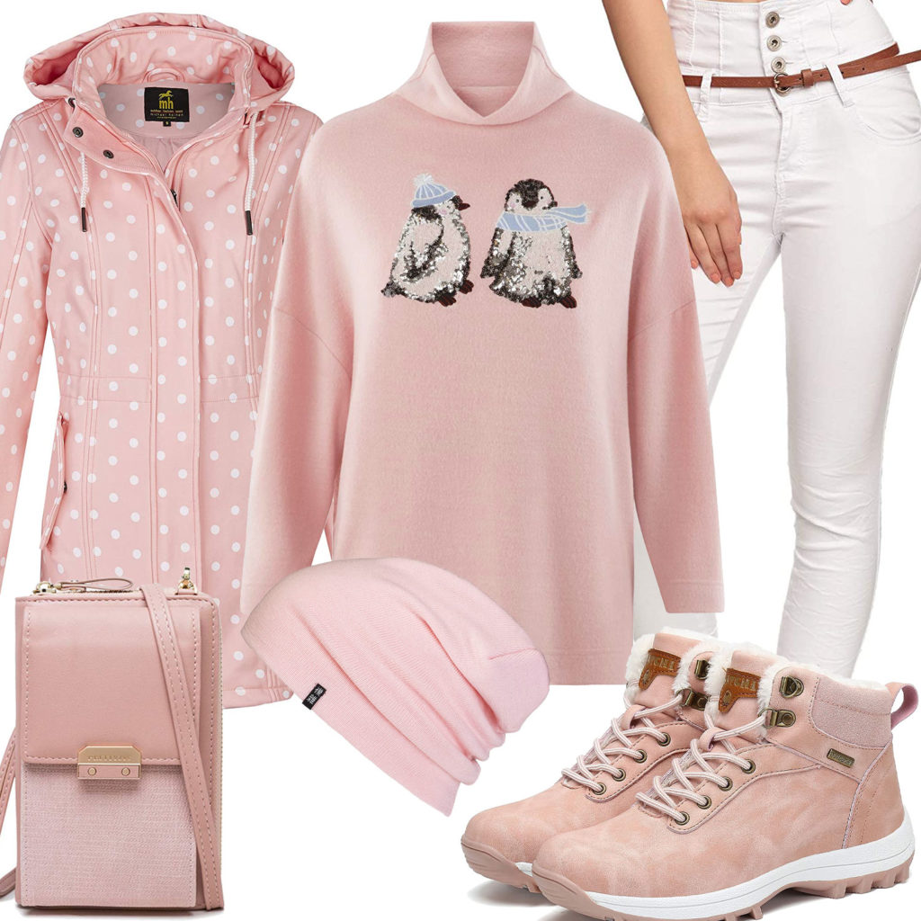 Rosa Damenoutfit mit Pullover, Mütze und Schuhen