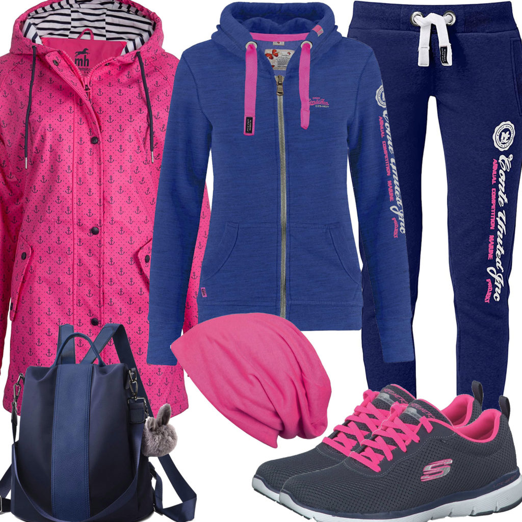 Blau-Rosa Damenoutfit mit Hoodie, Jogginghose und Sneakern