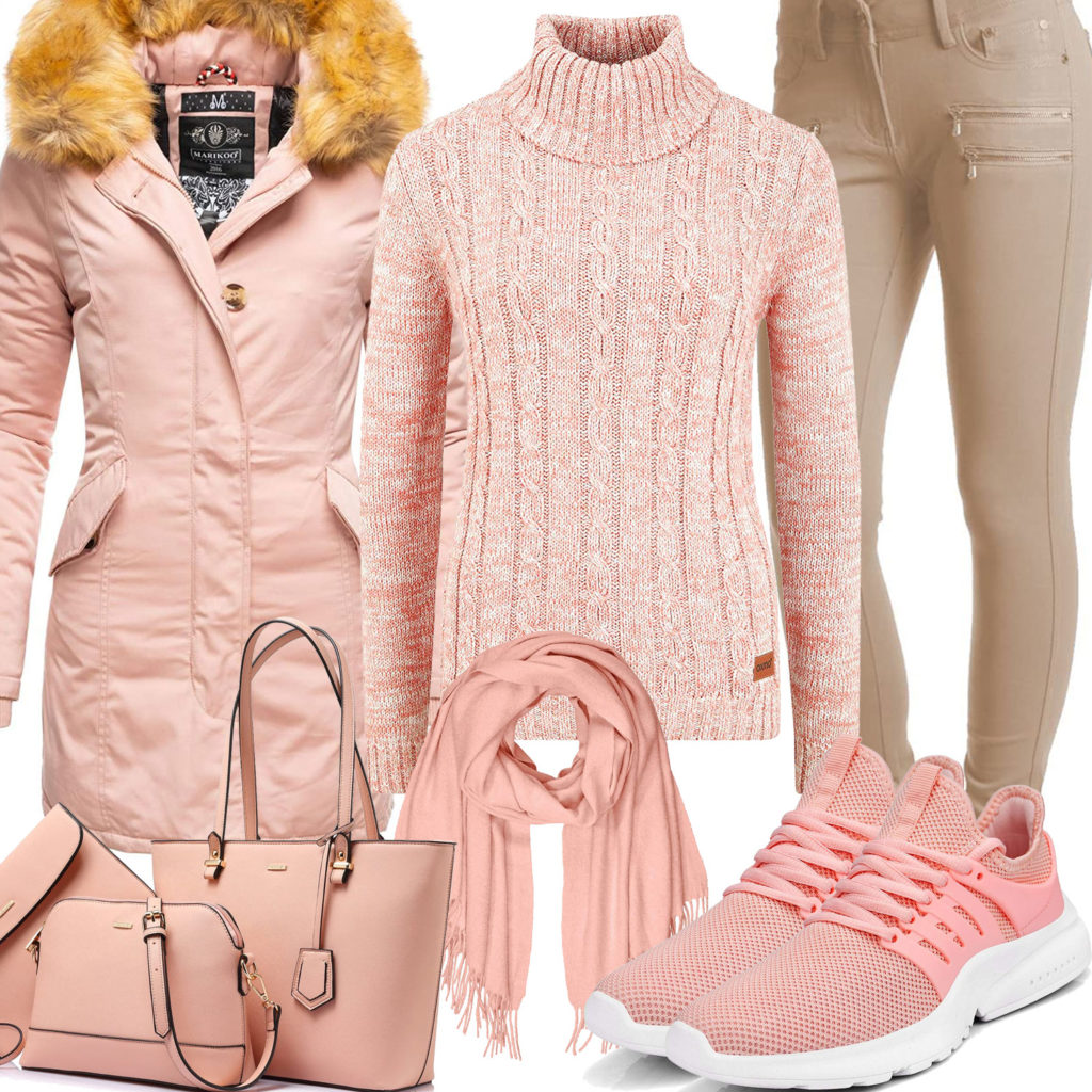 Rose Damenoutfit mit Pullover, Schal und Winterjacke