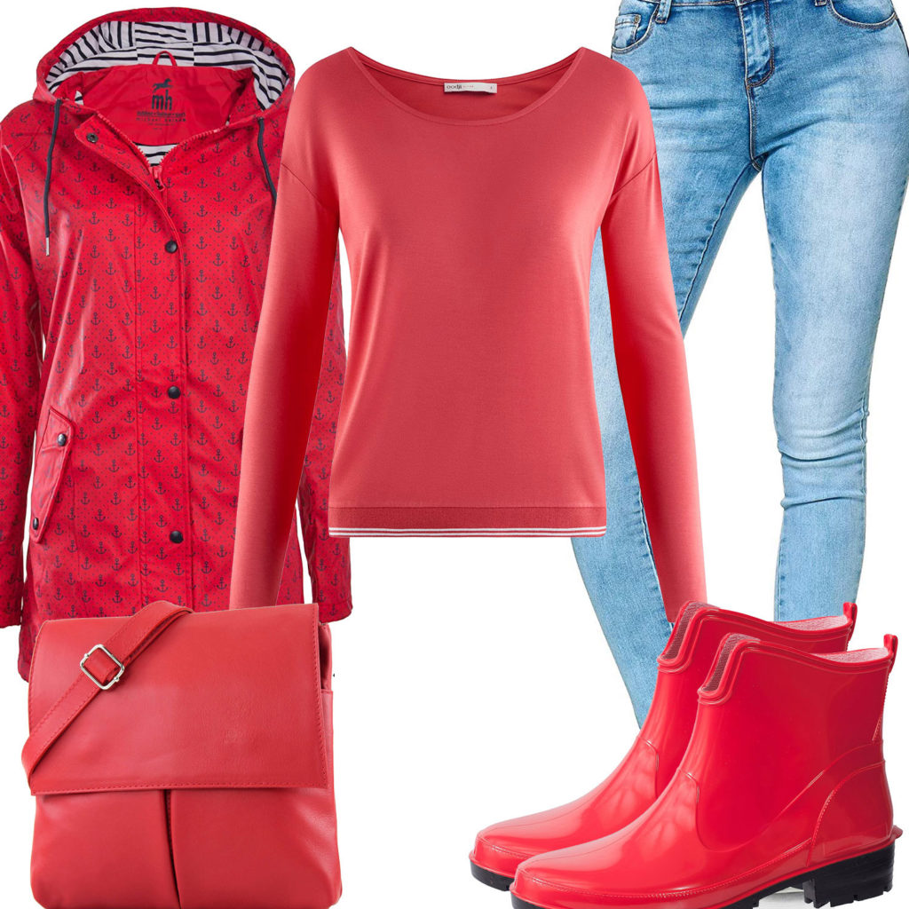 Rotes Damenoutfit mit Regenjacke, Stiefeln und Tasche
