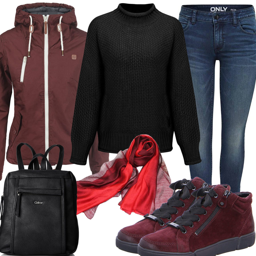 Schwarz-Rotes Frauenoutfit mit Pullover und Rucksack