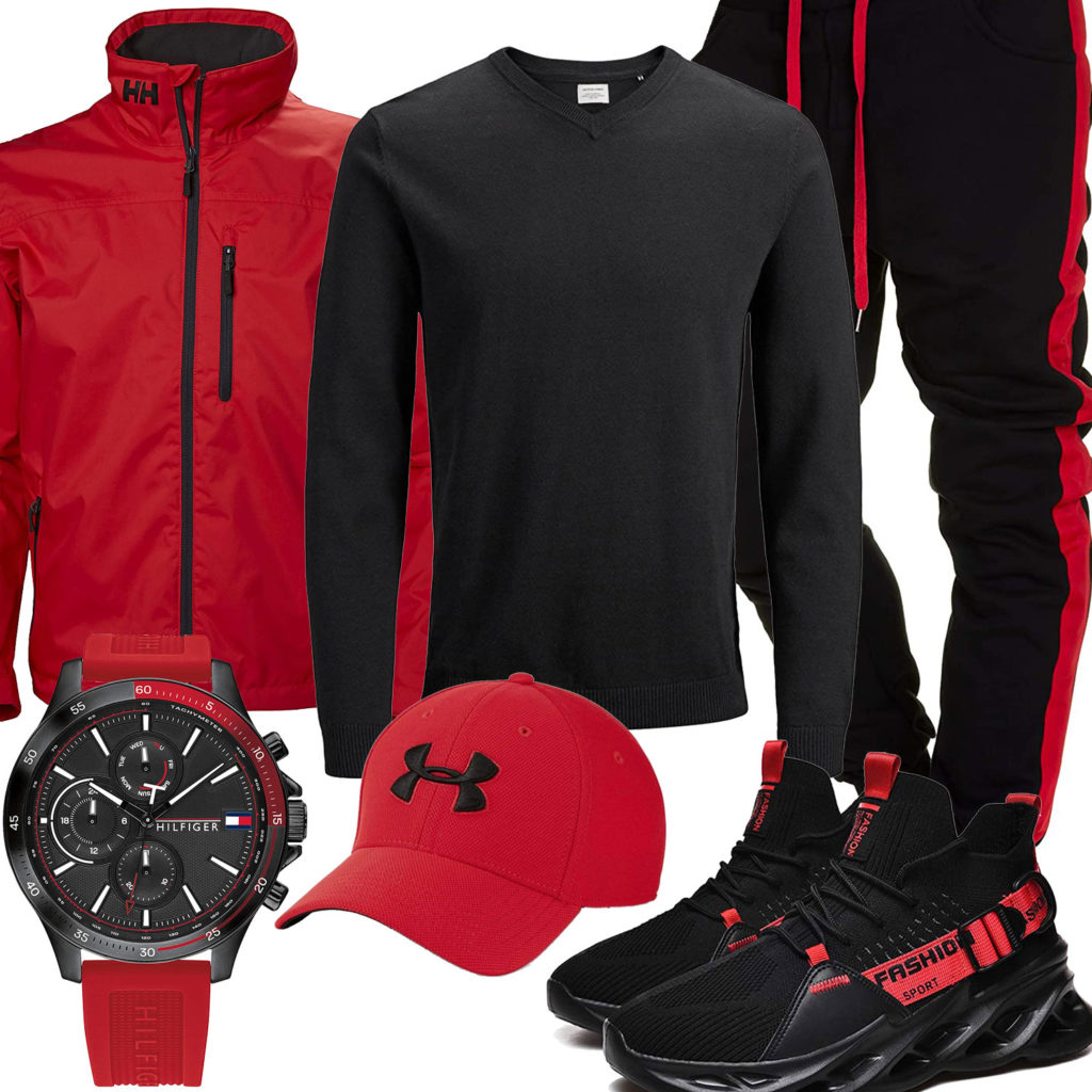 Schwarz-Rotes Herrenoutfit mit Cap, Uhr und Sneakern