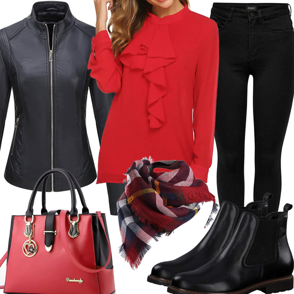Schwarz-Rotes Frauenoutfit mit Bluse, Schal und Tasche
