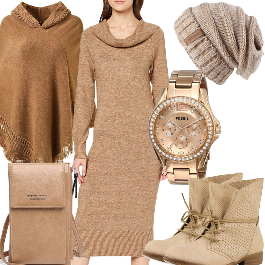 Sandbraunes Damenoutfit mit Uhr, Kleid, Poncho und Mütze