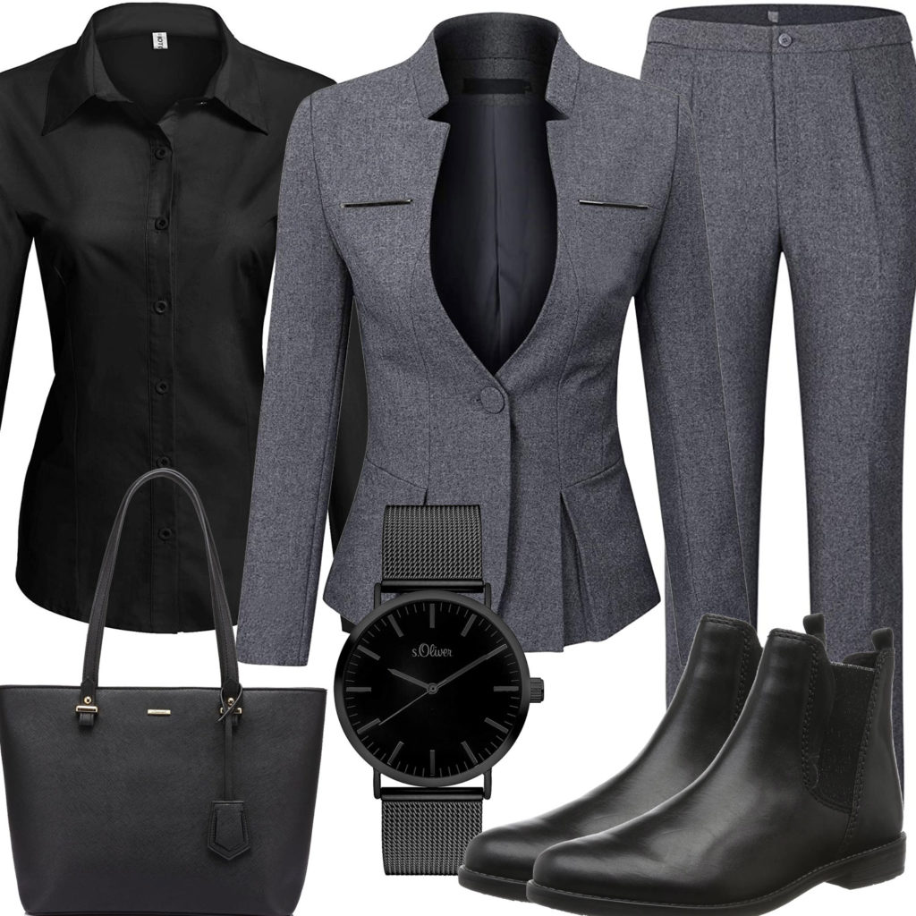 Business-Damenoutfit mit grauem Anzug und schwarzem Hemd