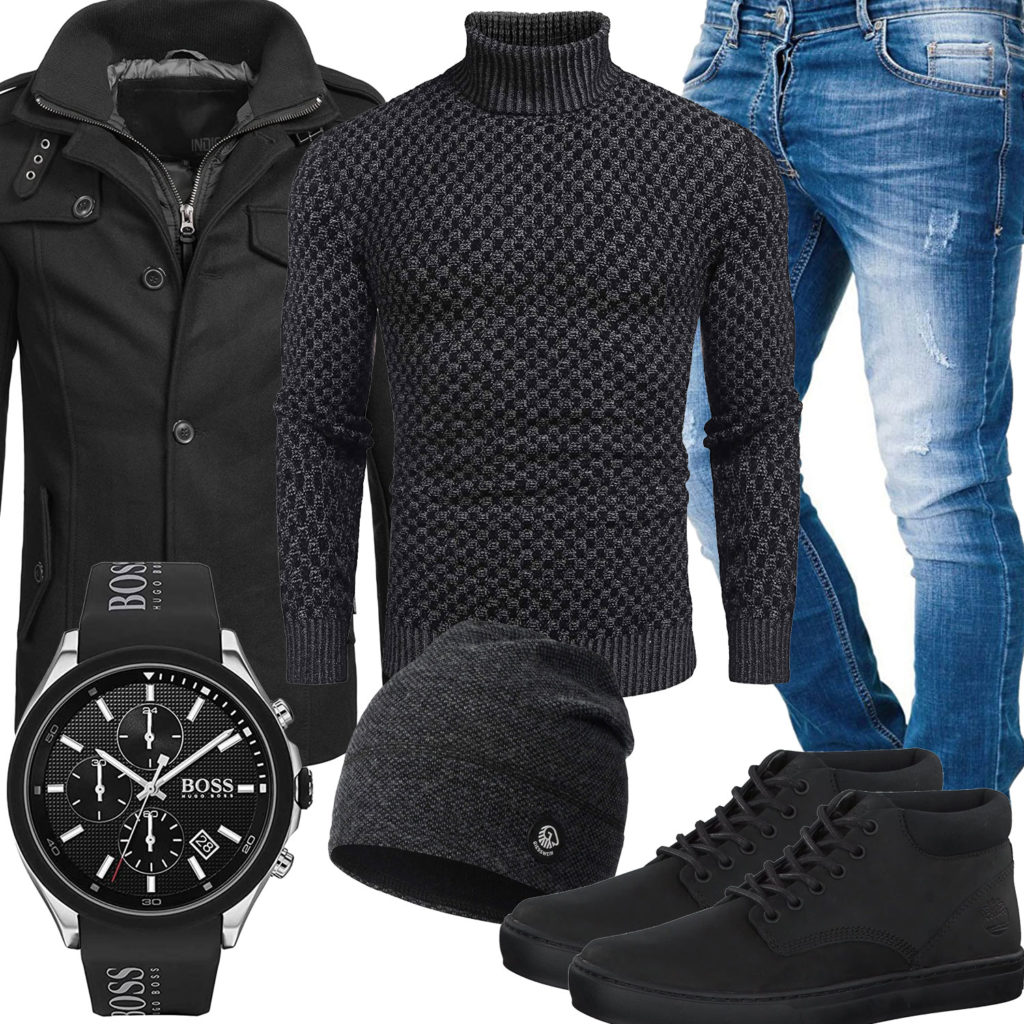 Schwarzes Herrenoutfit Pullover, Winterjacke und Mütze