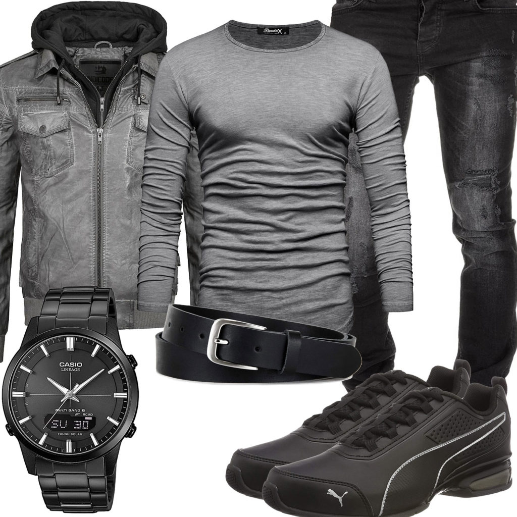 Schwarzer Männer-Style mit grauem Longsleeve und Jacke
