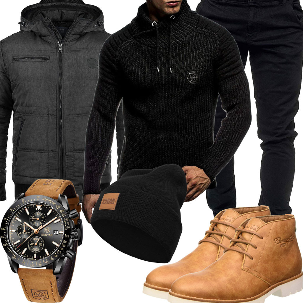 Beige-Schwarzes Herrenoutfit mit Steppjacke und Pullover