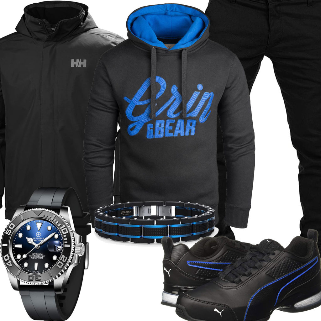 Schwarz-Blaues Herrenoutfit mit Hoodie, Jacke und Armband