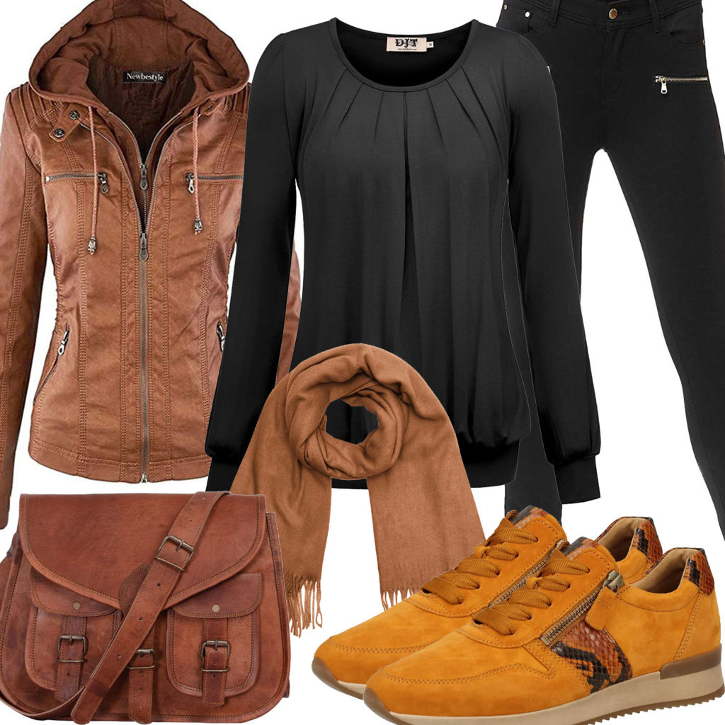 Braun-Schwarzes Herbst-Frauenoutfit mit orangen Sneakern