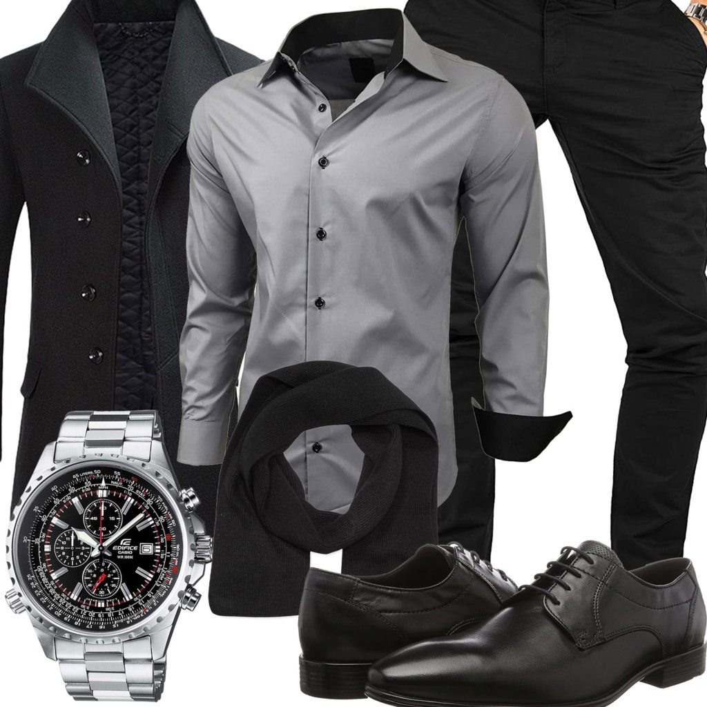 Schwarzes Herrenoutfit mit Mantel, Hemd und Chino