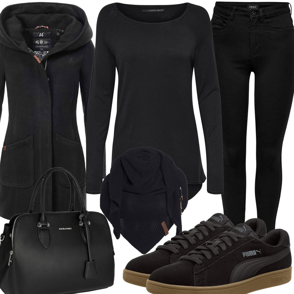 Schwarzes Damenoutfit mit Mantel, Pullover und Jeans