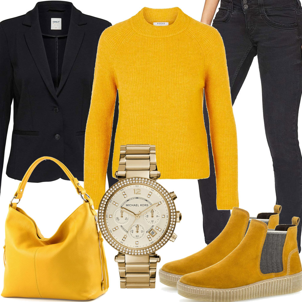 Schwarz-Gelbes Damenoutfit mit Blazer und Jeans