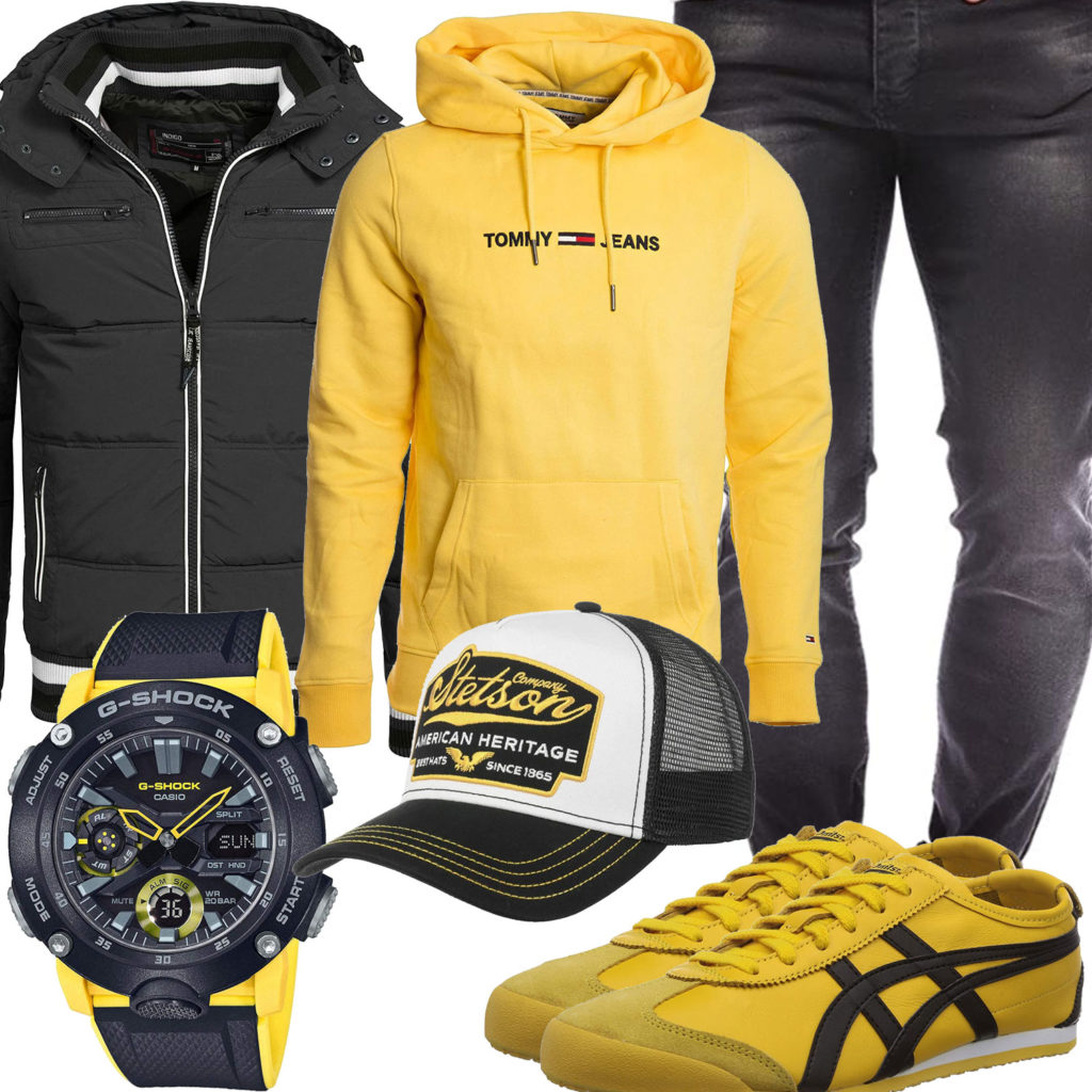 Schwarz-Gelbes Herrenoutfit mit Hoodie, Jacke und Jeans