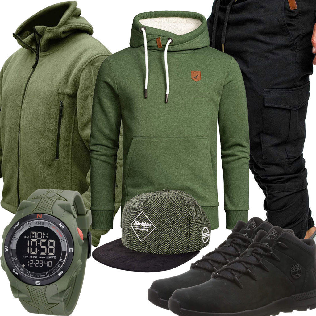 Grün-Schwarzes Herrenoutfit mit Hoodie, Jacke und Uhr