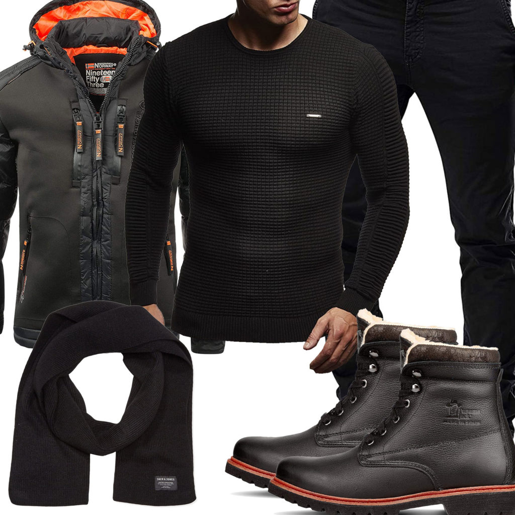 Schwarzes Winter-Herrenoutfit mit Boots, Jacke und Schal