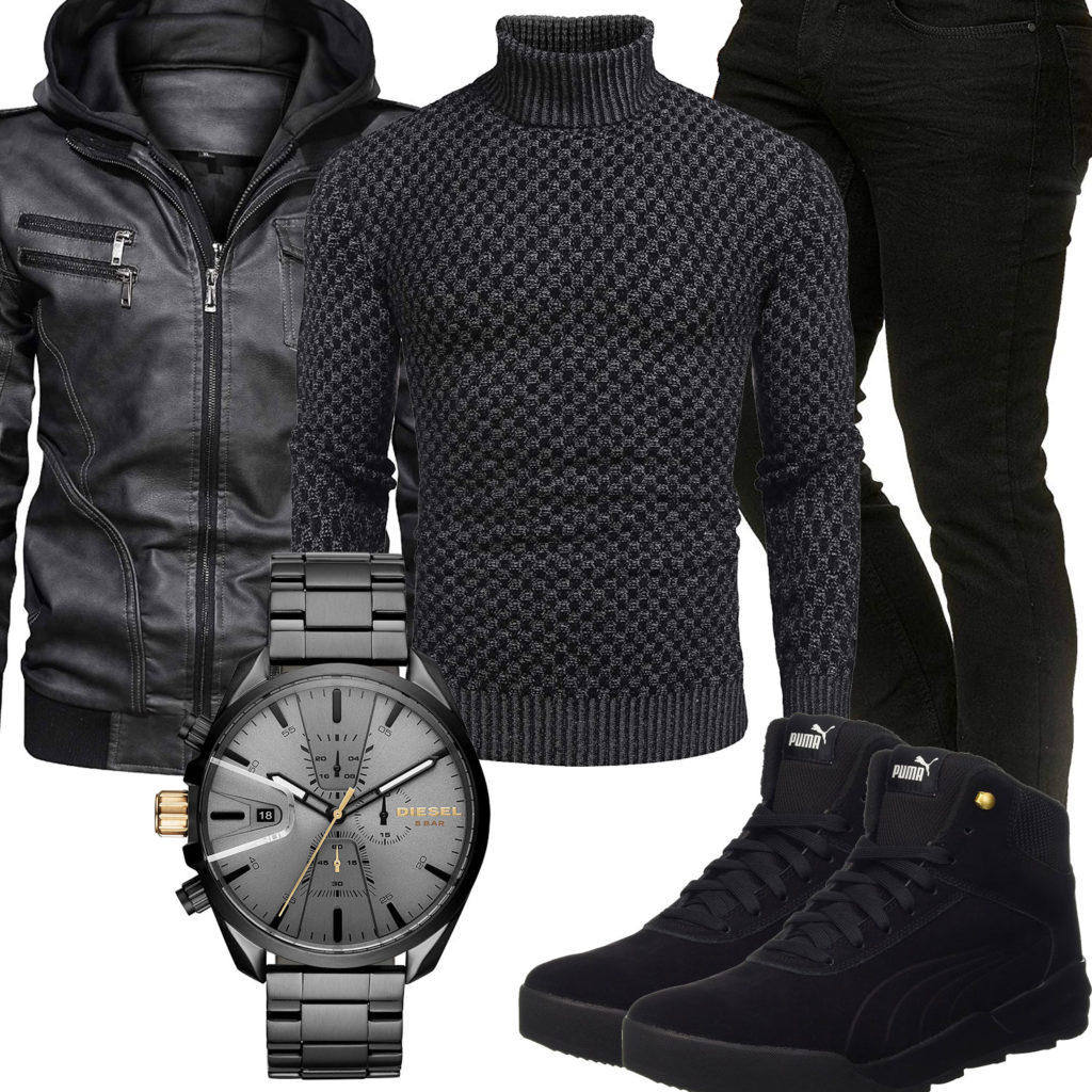 Schwarzes Herrenoutfit mit Lederjacke und Pullover